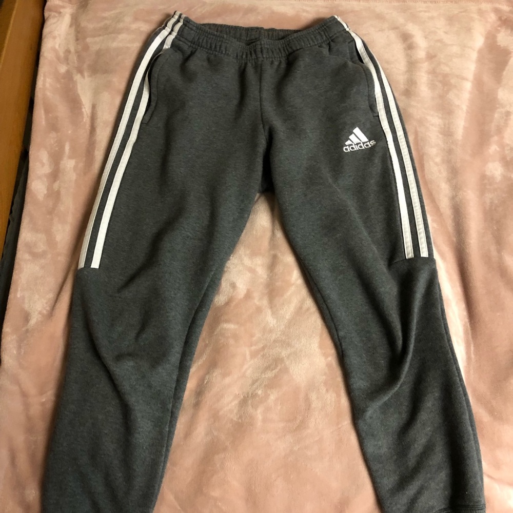 Adidas gray sweatpants with stripes